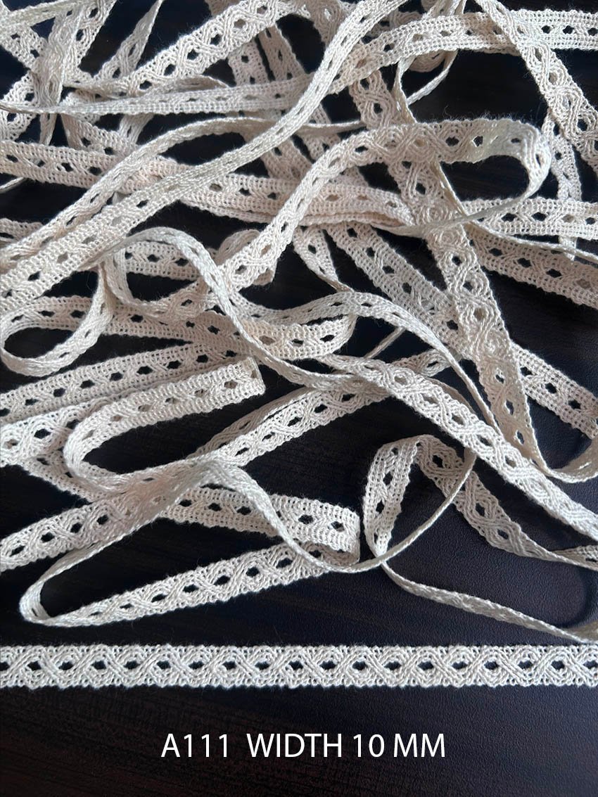 A111 Greige Cotton Knitted Diamond Eyelet Lace 10MM Dyeable Export Quality