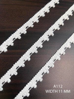 A112 11 MM white knitted loop lace with raised linear motifs and small side loops