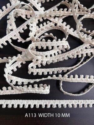 A113 Greige Cotton Knitted Picot Edge Lace 10MM Dyeable Export Quality
