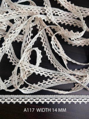 A117 14MM Greige Cotton Comz Knitted Picot Vine Lace