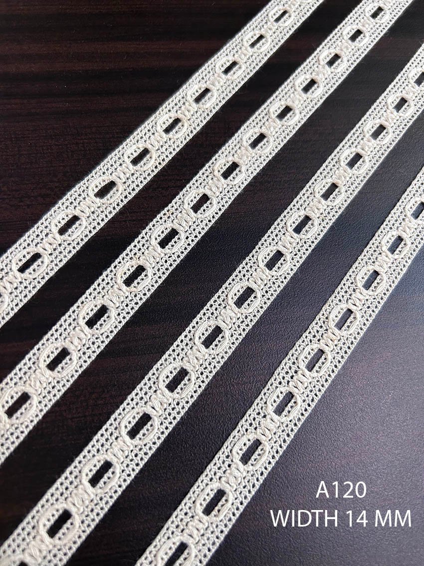 A120 Greige Cotton Knitted Ribbon Pass Lace 14MM Dyeable Insertion Lace