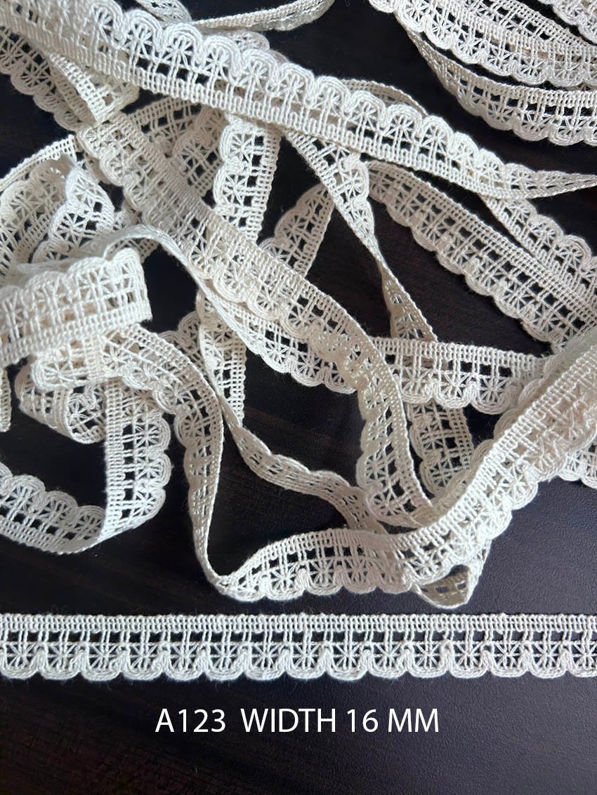 A123 Greige 16MM Cotton Comz Knitted Lace with Pinwheel Motifs