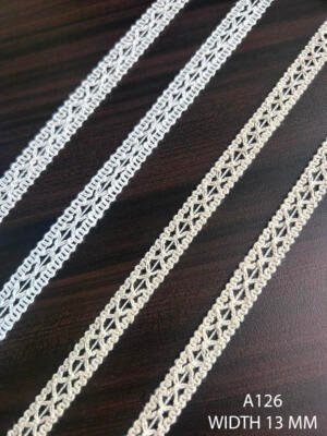 A126 13MM Cotton Comz Knitted Star Pattern Lace Trim in White and Greige