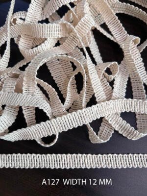A127 Greige Cotton Knitted Rib Mesh Lace 12MM Dyeable Export Quality