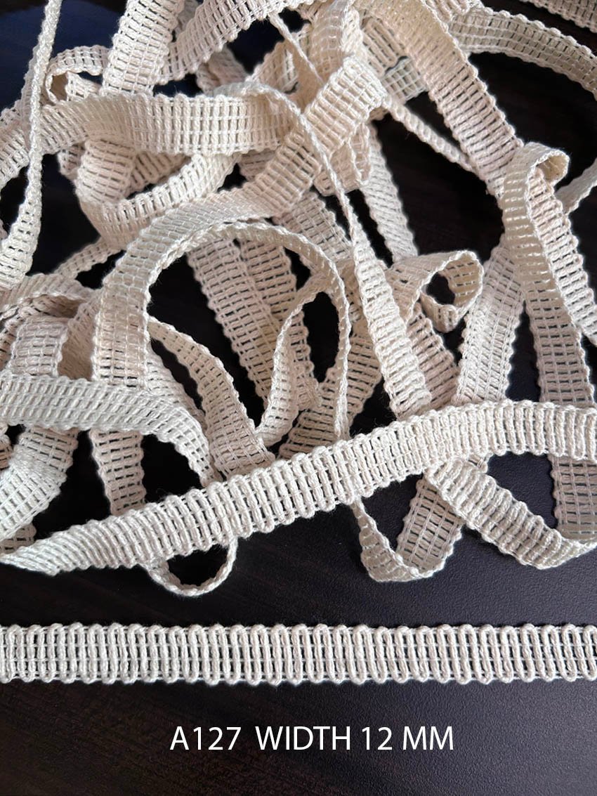 A127 Greige Cotton Knitted Rib Mesh Lace 12MM Dyeable Export Quality