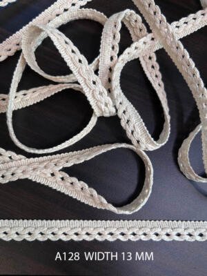 A128 Greige Cotton Knitted Braided Eyelet Lace 13MM Dyeable Export Quality