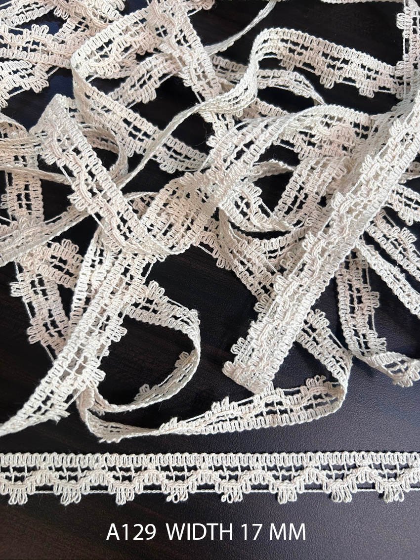 A129 Cotton Comz Knitted Picot Ladder Lace 17MM Greige Dyeable Export Quality