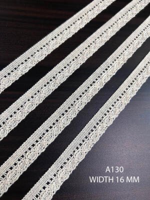 A130 Greige Cotton Knitted Interlocking Oval Insertion Lace 16MM Dyeable