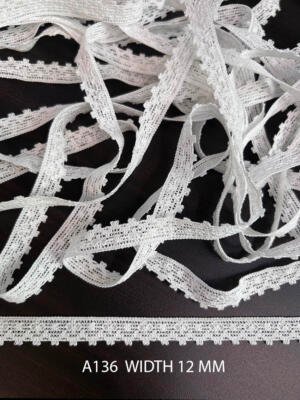 A136 White Cotton Knitted Picot Trim Lace 12MM Export Quality