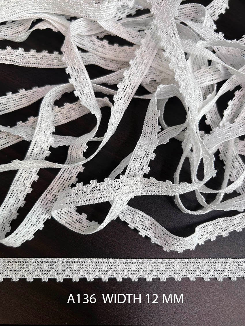 A136 White Cotton Knitted Picot Trim Lace 12MM Export Quality