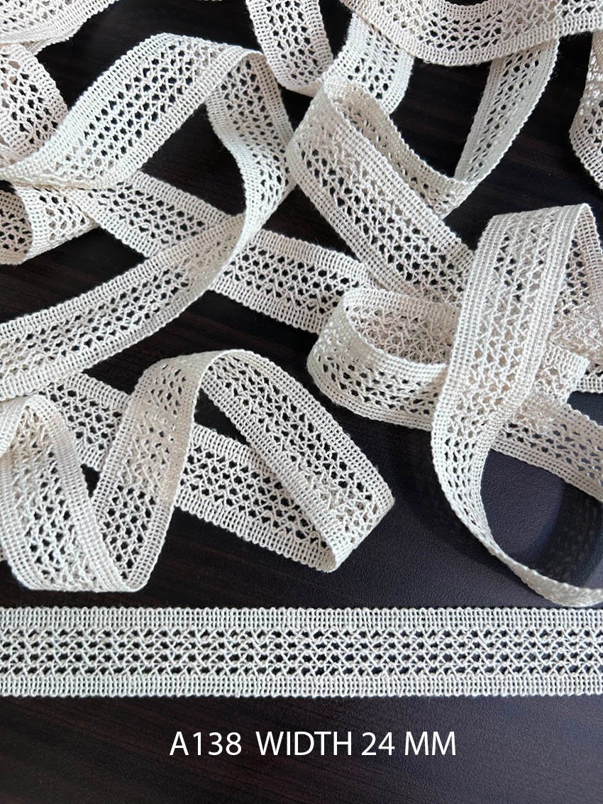 A138 Greige Cotton Knitted Diamond Mesh Lace 24MM Dyeable Export Quality