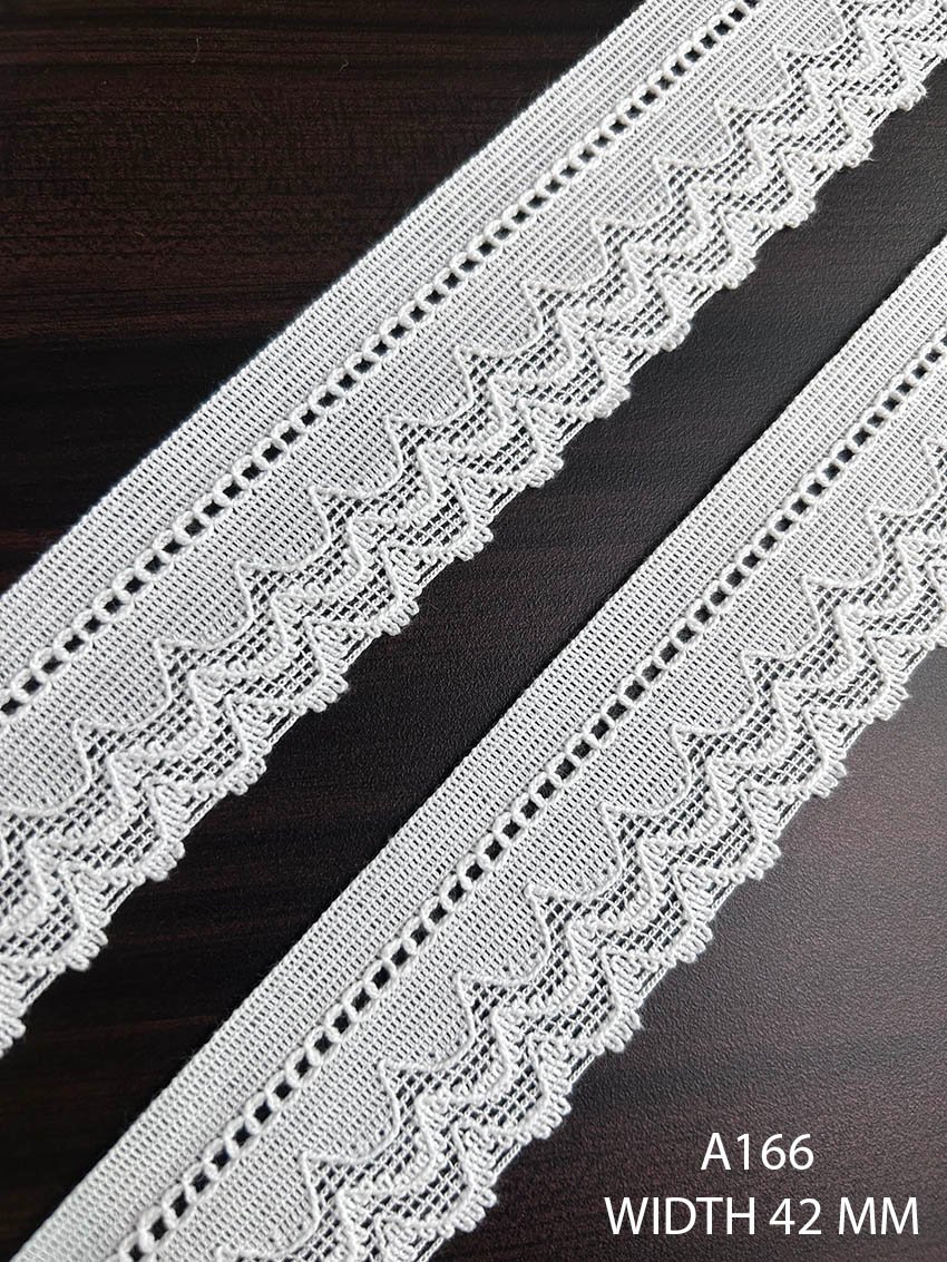 A166 42 MM white woven scalloped edge lace with open eyelet detailing