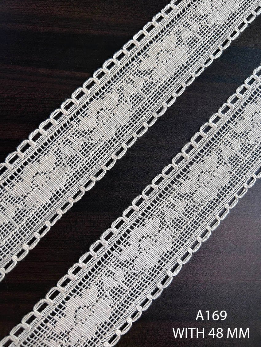 A169 Greige Wide Floral Lace with Double Scalloped Edges – 48 MM