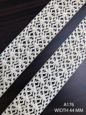 A176 44 MM greige double Eliza motif lace with repeated raised motifs and openwork ground