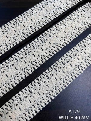 A179 40 MM greige openwork lace with repeated raised central motifs and open mesh edges