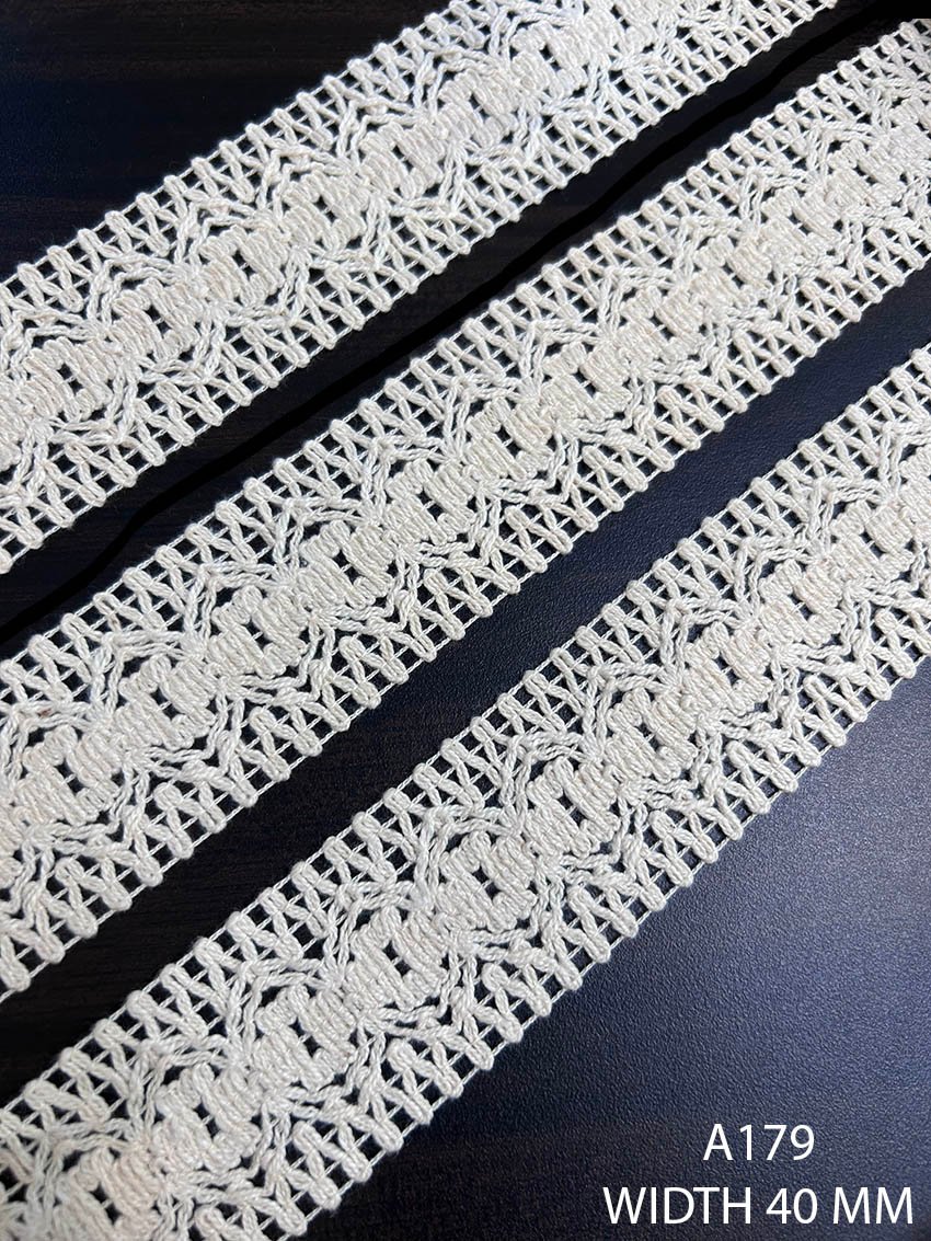 A179 40 MM greige openwork lace with repeated raised central motifs and open mesh edges