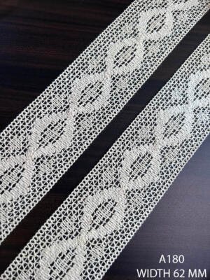 A180 62 MM greige wide openwork mesh lace with repeated elongated motifs