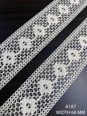 A187 68 MM greige wide openwork lace with repeated raised loop motifs and diamond mesh