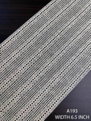 A193 6.5 inch greige wide openwork lace with repeated wavy mesh bands and decorative openwork rows