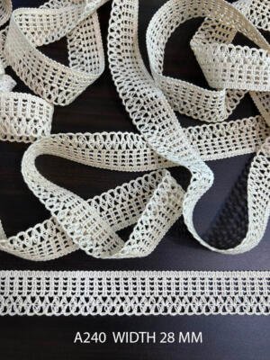 A240 28 MM greige openwork mesh lace with rectangular mesh and repeated loop details