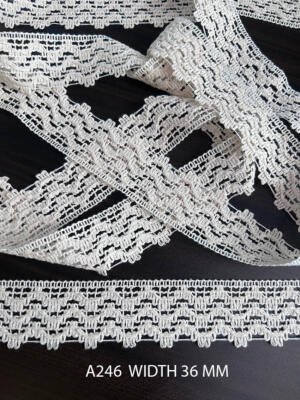 A246 Greige Cotton Knitted Wave Mesh Scallop Lace 36MM Dyeable Export Quality