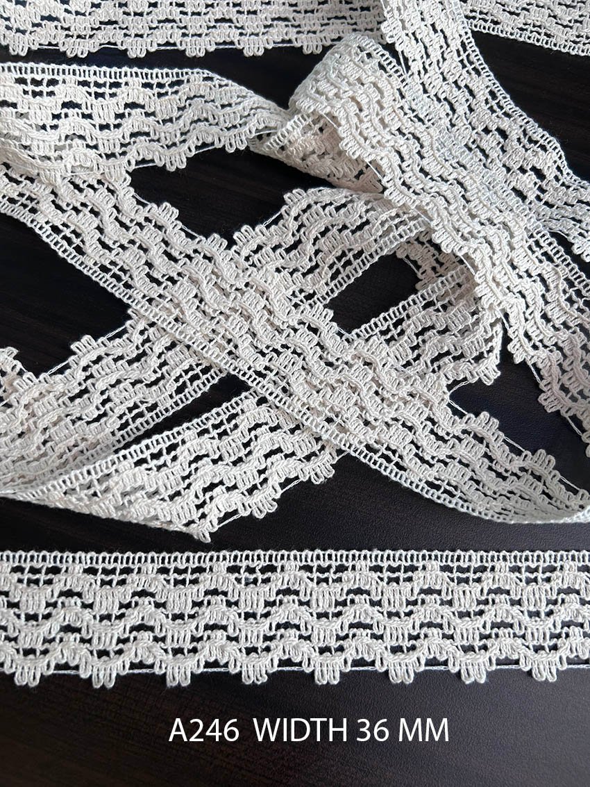 A246 Greige Cotton Knitted Wave Mesh Scallop Lace 36MM Dyeable Export Quality