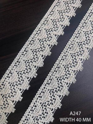 A247 40 MM knitted greige cotton dyeable lace with geometric openwork pattern