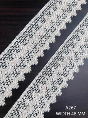 A247 48 MM greige wide openwork lace with central decorative threadwork and fringe edges