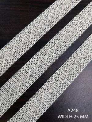 A248 25 MM greige openwork lace with repeated oval woven motifs