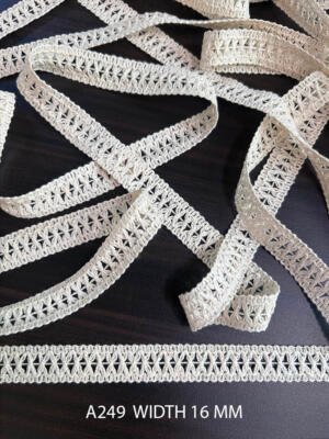 A249 Greige Cotton Knitted Cross Ladder Lace 16MM Dyeable Export Quality