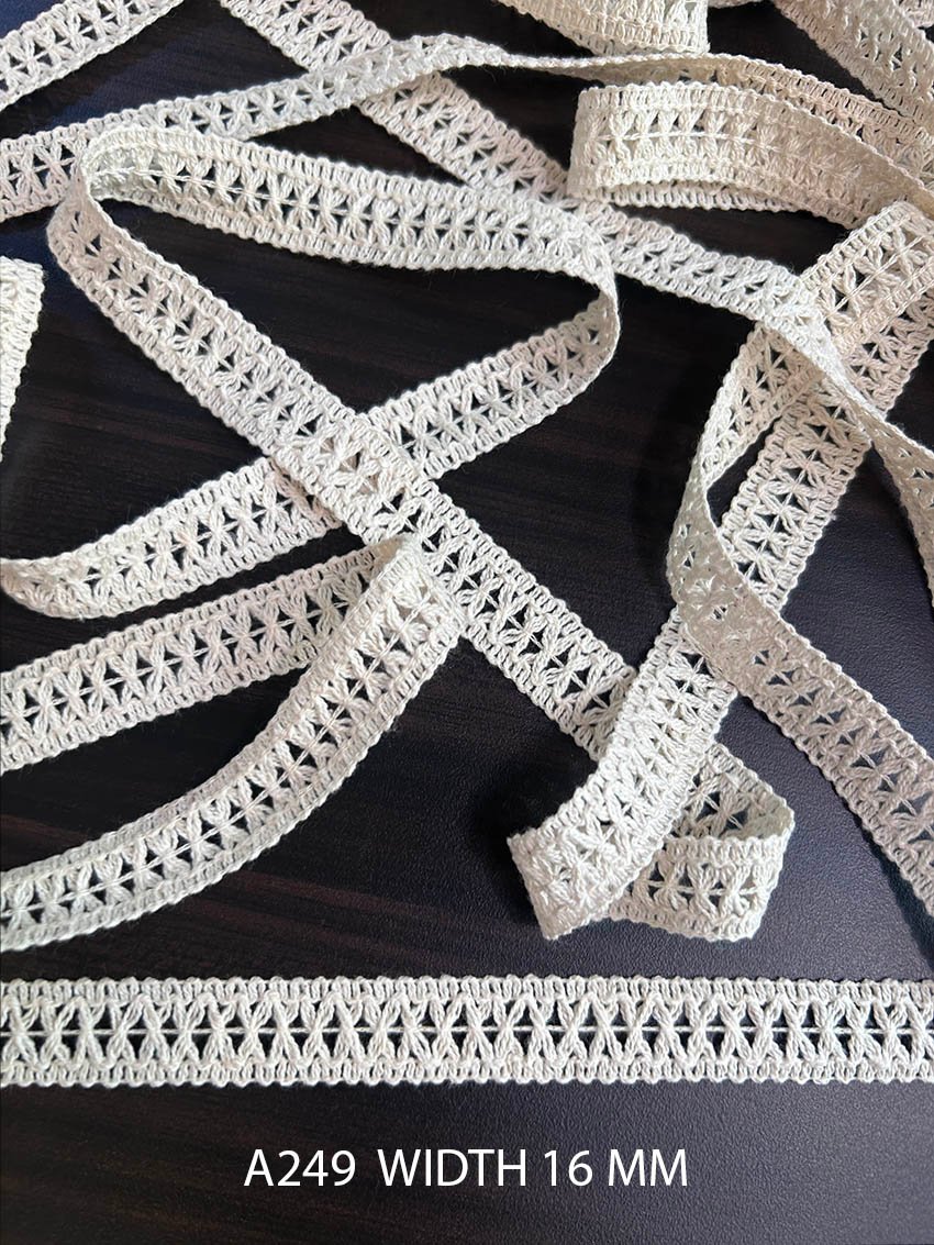 A249 Greige Cotton Knitted Cross Ladder Lace 16MM Dyeable Export Quality