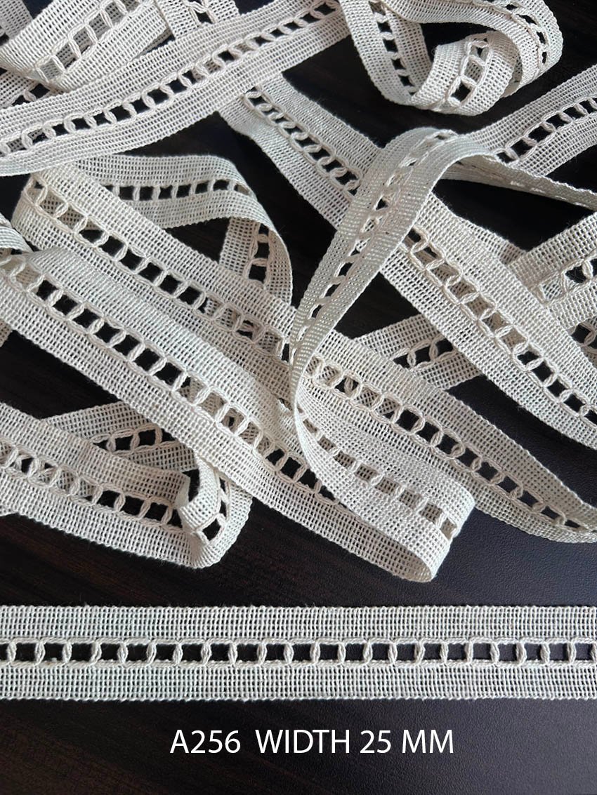 A256 Greige Cotton Wide Ladder Ribbon Pass Lace 25MM Dyeable Export Quality