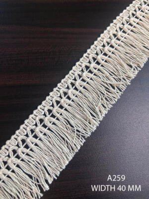 A259 40 MM cotton knitted greige dyeable fringe lace with openwork diamond pattern