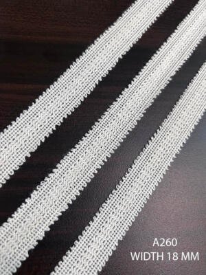 A260 18 MM white fine knitted textured lace with dense central pattern and looped edges