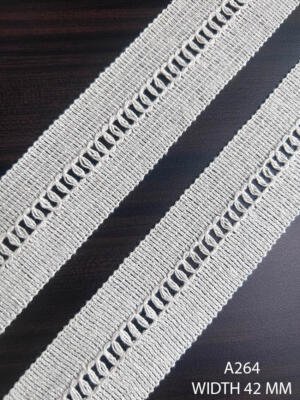 A264 42 MM greige wide knitted lace with central loop openwork and dense woven side bands