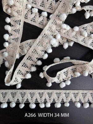 A266 Greige 34MM Cotton Pom Pom Knitted Lace Trim with White Soft Balls