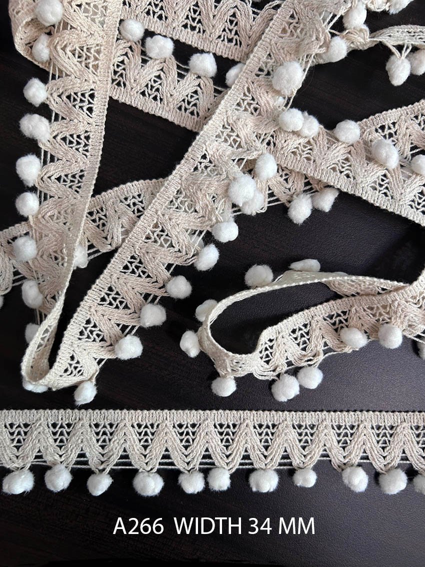 A266 Greige 34MM Cotton Pom Pom Knitted Lace Trim with White Soft Balls