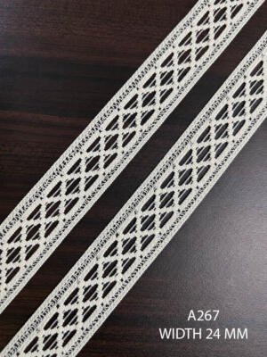 A267 24 MM greige openwork geometric lace with elongated openings and raised connecting details