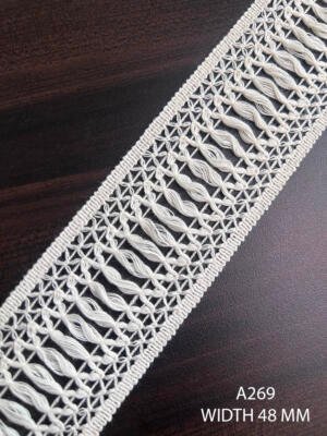 A269 48 MM greige wide openwork fringe lace with repeated fringe sections between openwork rows