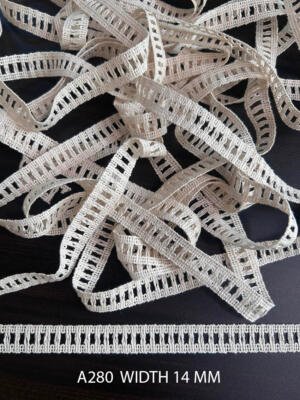 A280 Greige Cotton Knitted Vertical Ladder Lace 14MM Dyeable Export Quality