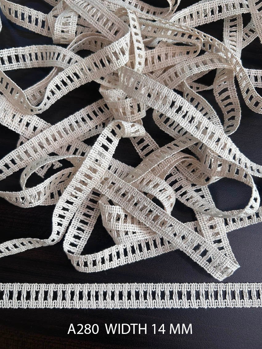 A280 Greige Cotton Knitted Vertical Ladder Lace 14MM Dyeable Export Quality