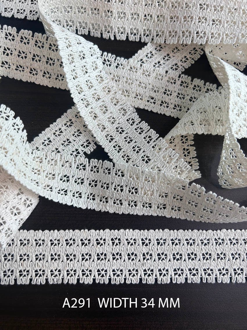A291 White 34MM Cotton Comz Knitted Floral Eyelet Lace