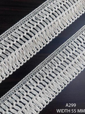 A299 cotton greige knitted lace trim, 55 mm width, decorative openwork design