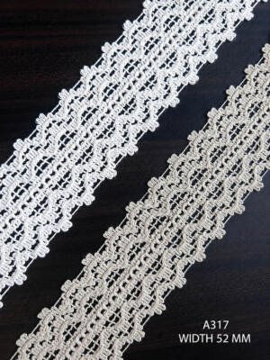 A317 52 MM cotton wide openwork lace available in white and greige with repeated looped edge detailing
