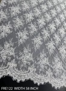FRE122 Dyeable White Chantilly Lace Fabric – 58 Inch Wide with Eyelash Scalloped Edges