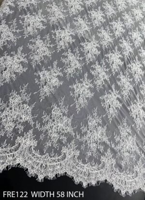 FRE122 Dyeable White Chantilly Lace Fabric – 58 Inch Wide with Eyelash Scalloped Edges