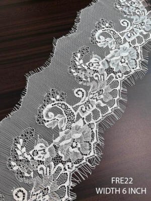 FRE22 6 inch fine white Chantilly dyeable eyelash lace with floral and scroll embroidery