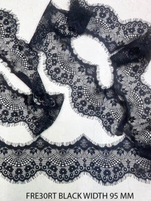 FRE30RT black eyelash Chantilly lace trim with floral mesh pattern and scalloped border