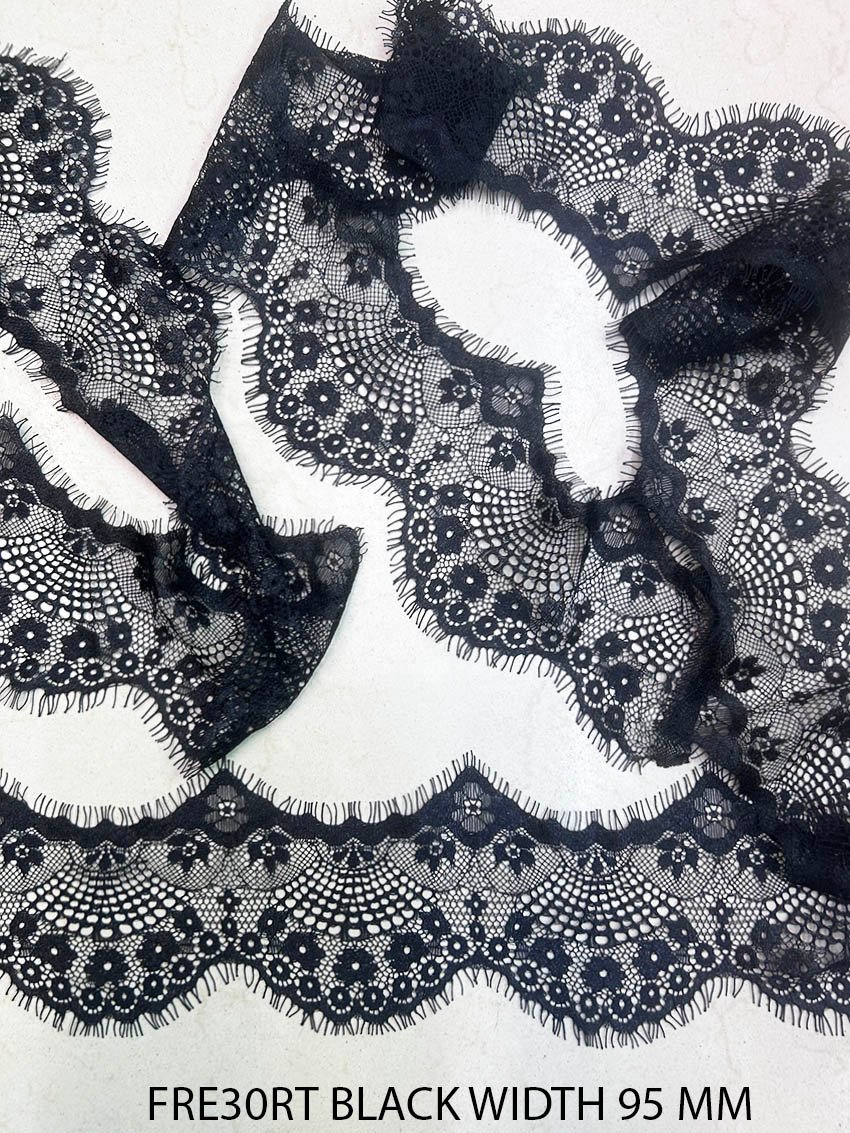 FRE30RT black eyelash Chantilly lace trim with floral mesh pattern and scalloped border