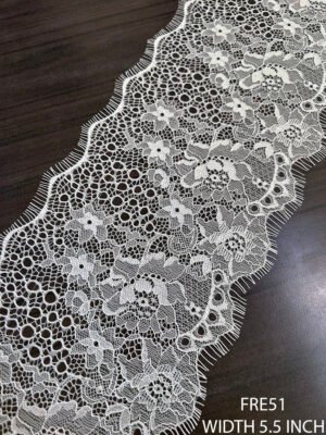 FRE51 white Chantilly eyelash lace roll, 5.5-inch width, scalloped edges both sides, dyeable fabric